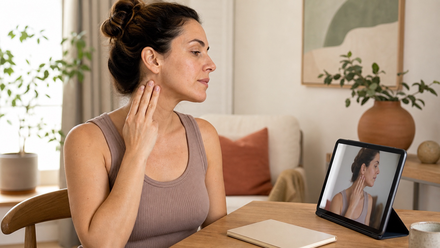 A woman following an online facial lymphatic drainage self-massage lesson and using flat fingertips near the side of her neck.