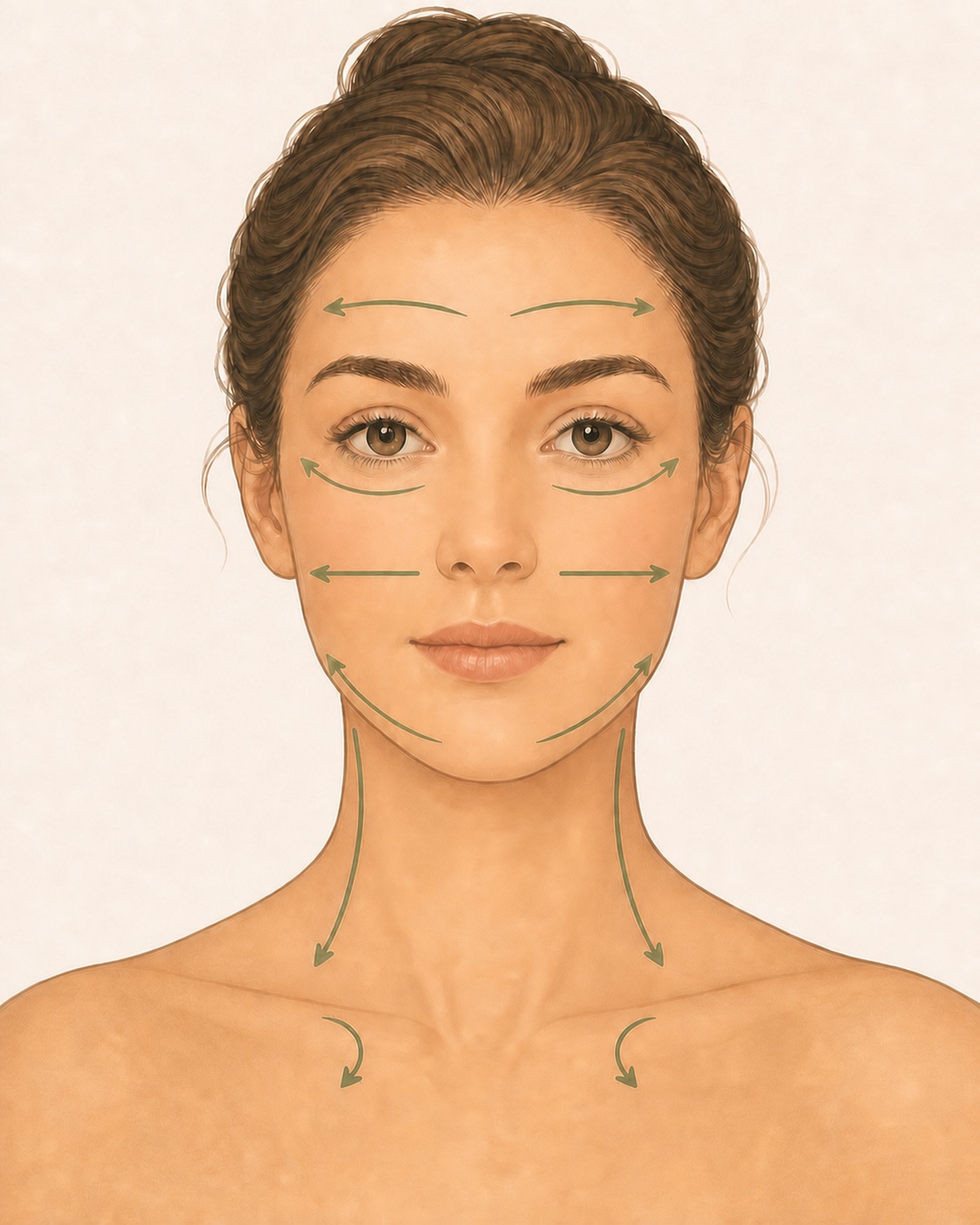 A simplified educational illustration of gentle massage directions from the face toward the ears, down the sides of the neck, and toward the collarbone area.