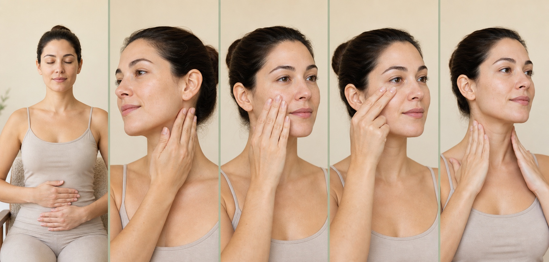 A five-panel hands-only sequence showing relaxed breathing, side-of-neck contact, cheek contact, safe under-eye placement, and a neck-and-collarbone finish.