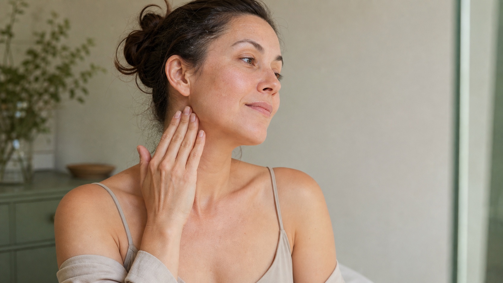 A woman using feather-light fingertip contact at the side of her neck during a calm morning facial massage routine.
