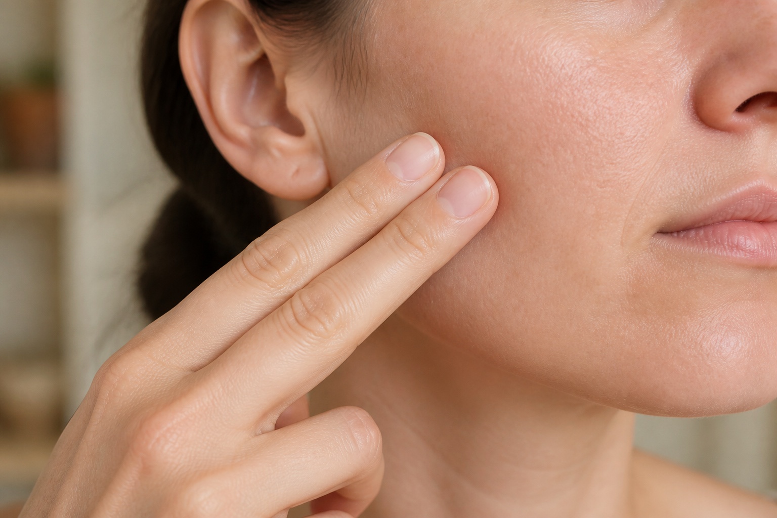 Two flat fingertip pads making feather-light contact with the cheek, moving the skin slightly without pressing into muscle.