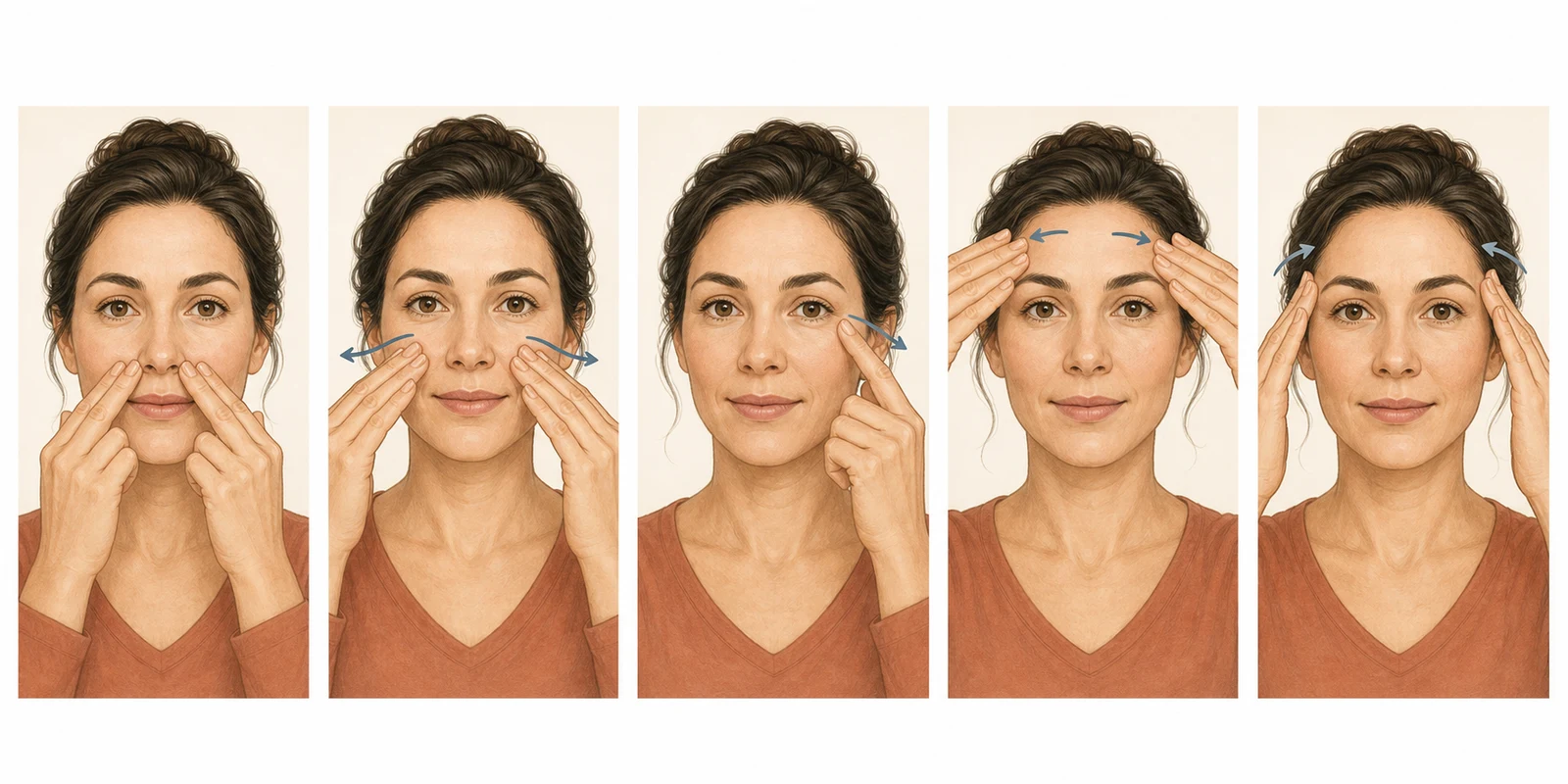 Five illustrated steps for a gentle hands-only sinus massage, moving from the sides of the nose to the cheeks, under-eye bone, forehead, and temples
