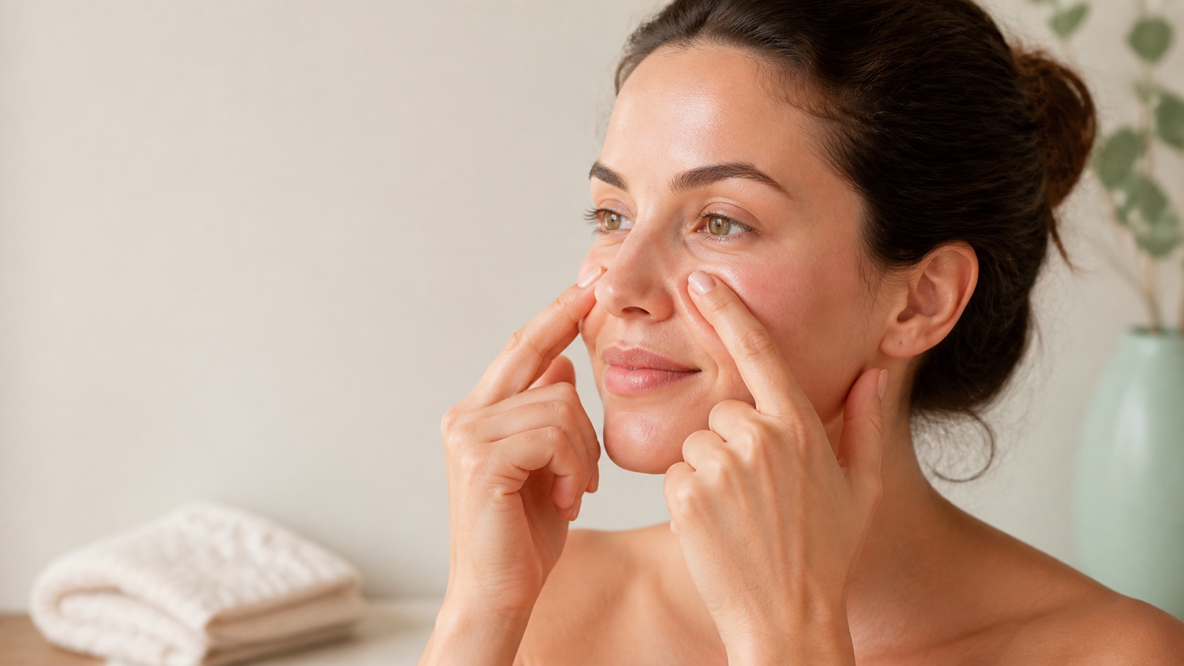 Woman applying light fingertip pressure beside her nose during a gentle sinus massage