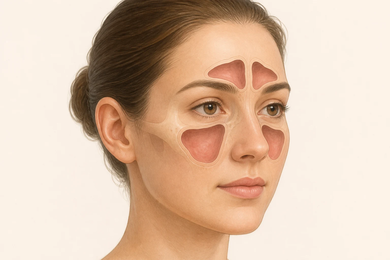 Illustration showing the frontal sinuses above the eyebrows and maxillary sinuses behind the cheekbones