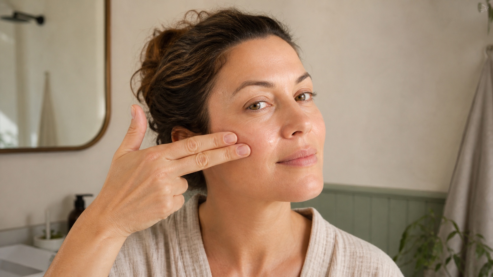 Woman using light fingertip pressure to massage her cheek at home