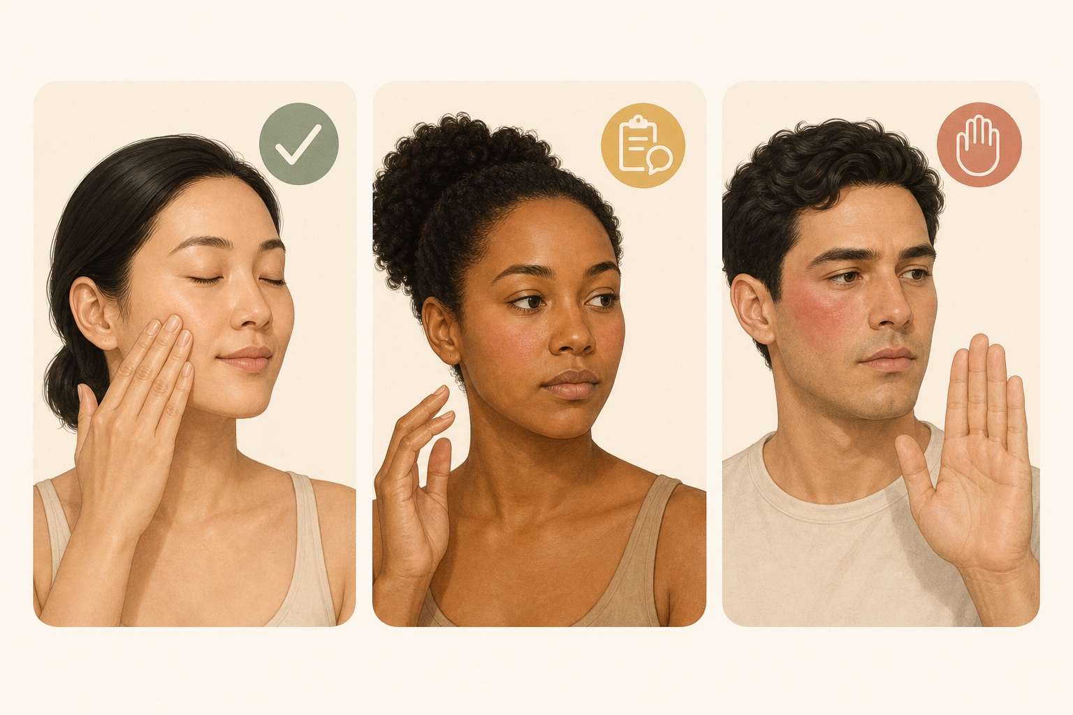 Three-part visual guide showing when to proceed with, modify, or skip facial massage