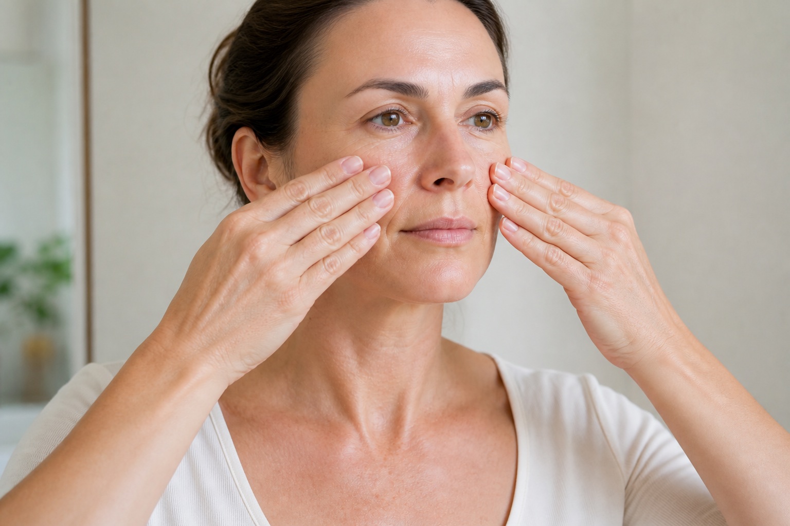 A woman using flat fingertips for a feather-light outward cheek movement during facial lymphatic self-massage.