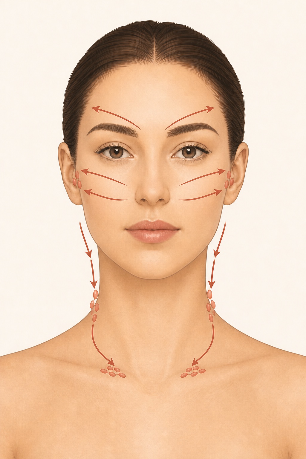 Illustrated facial massage paths moving from the center of the face toward the ears, down the sides of the neck, and into the hollows above the collarbones.