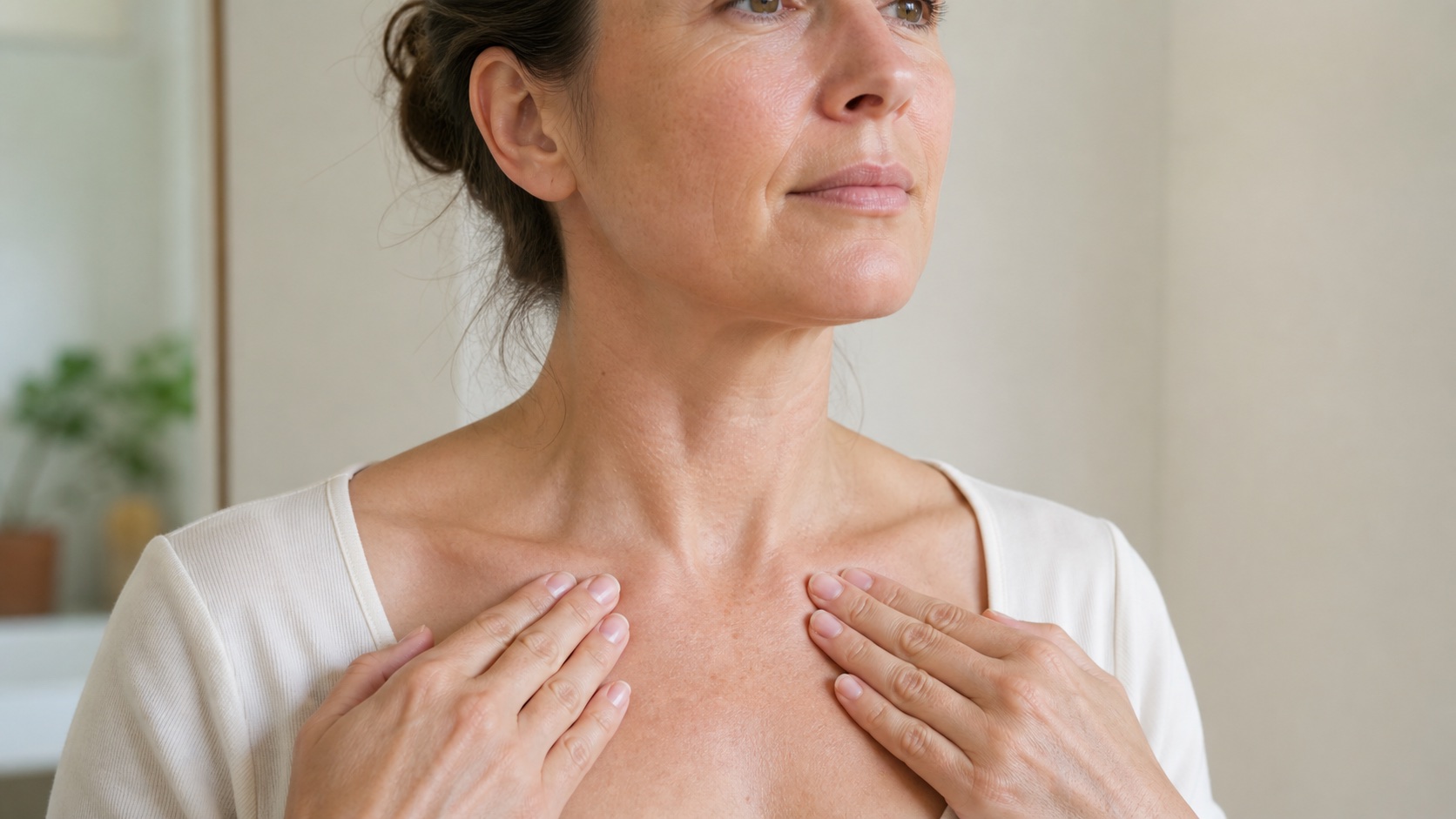 A woman placing flat fingertips in the soft hollows immediately above her collarbones before facial lymphatic self-massage.