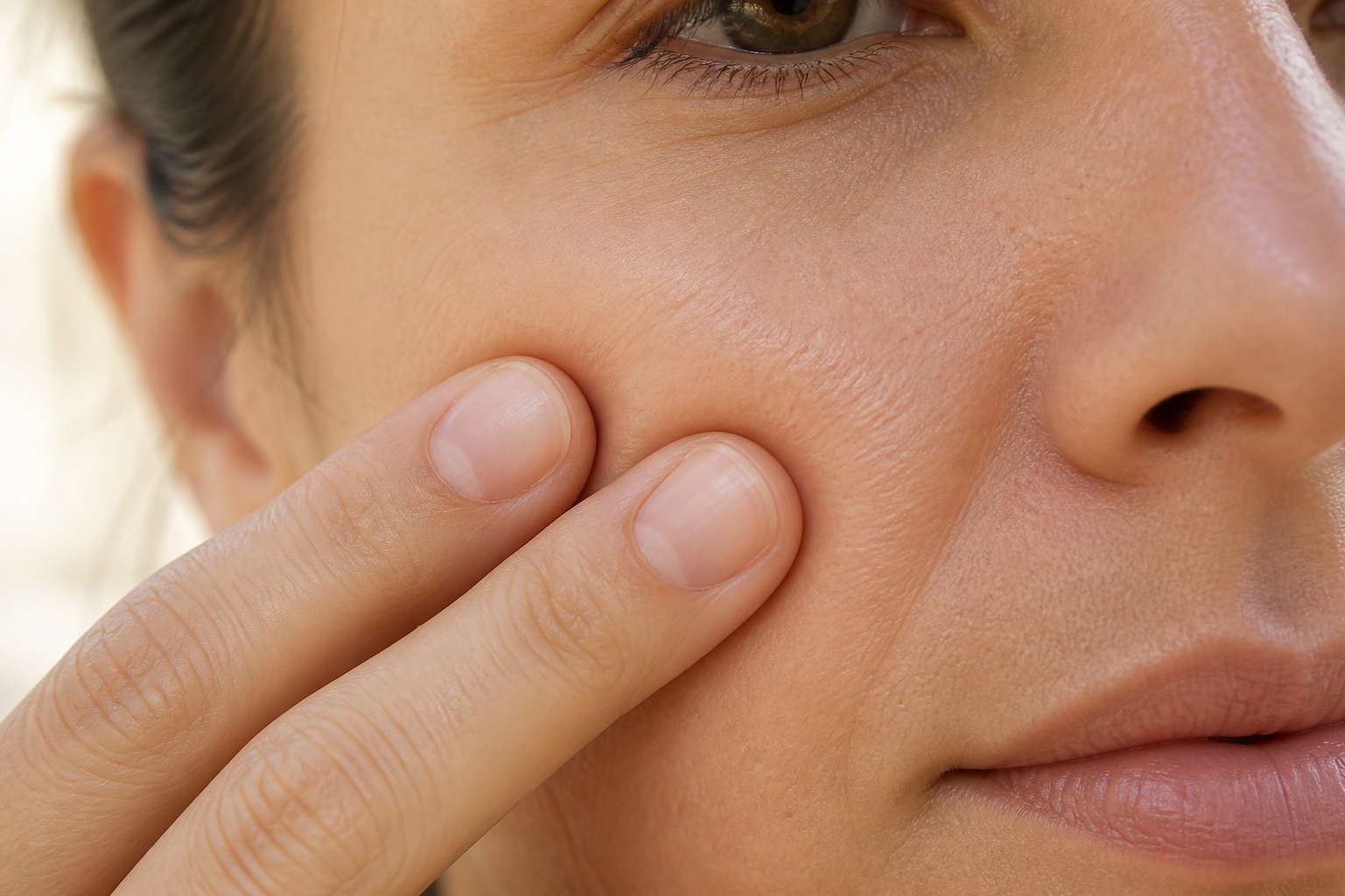 Two flat fingertips making light contact with the cheek so the skin moves only slightly, without deep pressure.