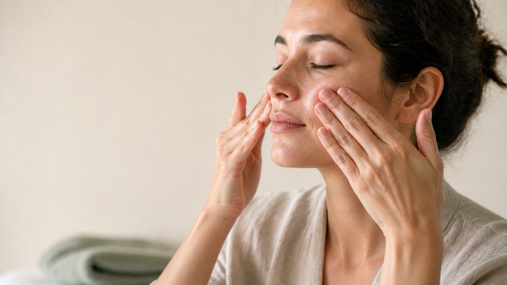Woman gently massaging both cheeks with her fingertips at home